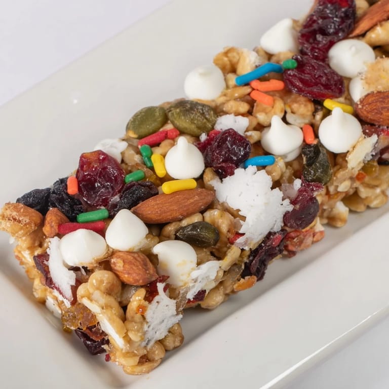 Enjoy the crunchy textures of Winter Wonderland Trail Mix Bars: sweet dried fruits and nutty goodness.