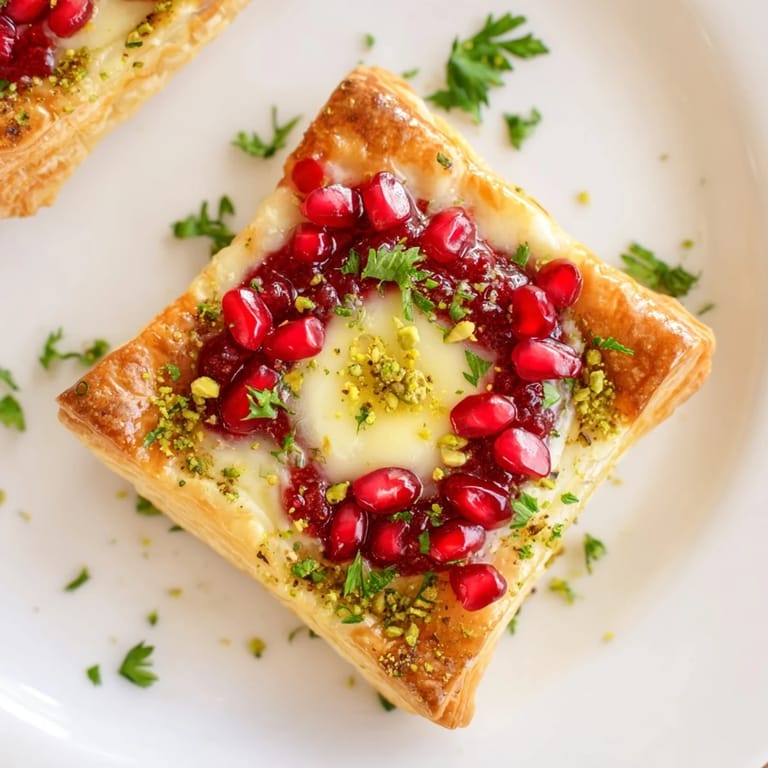 Warm, appetizing shot of freshly baked Fireworks Brie Tartlets, bursting with fruity preserves and herbs.