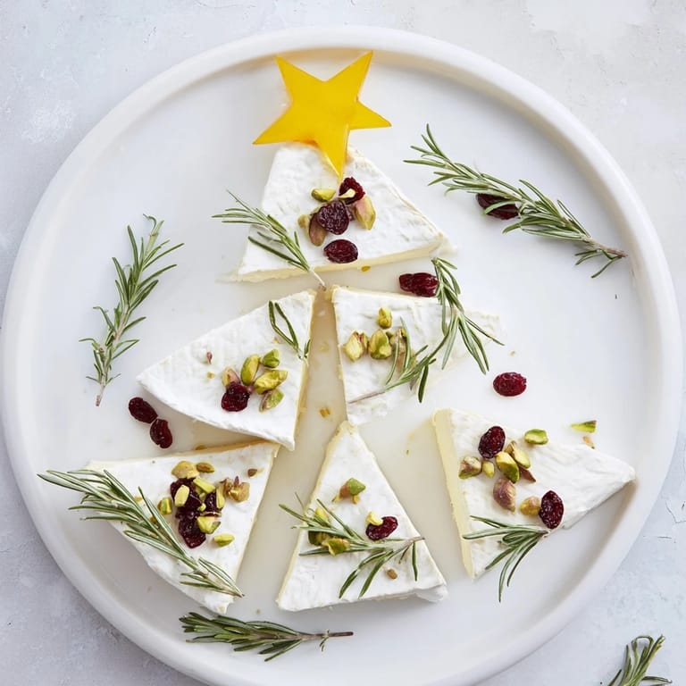 This festive Brie Triangle Cheese Tree displays soft Brie wedges, scattered with pistachios, perfect for parties.