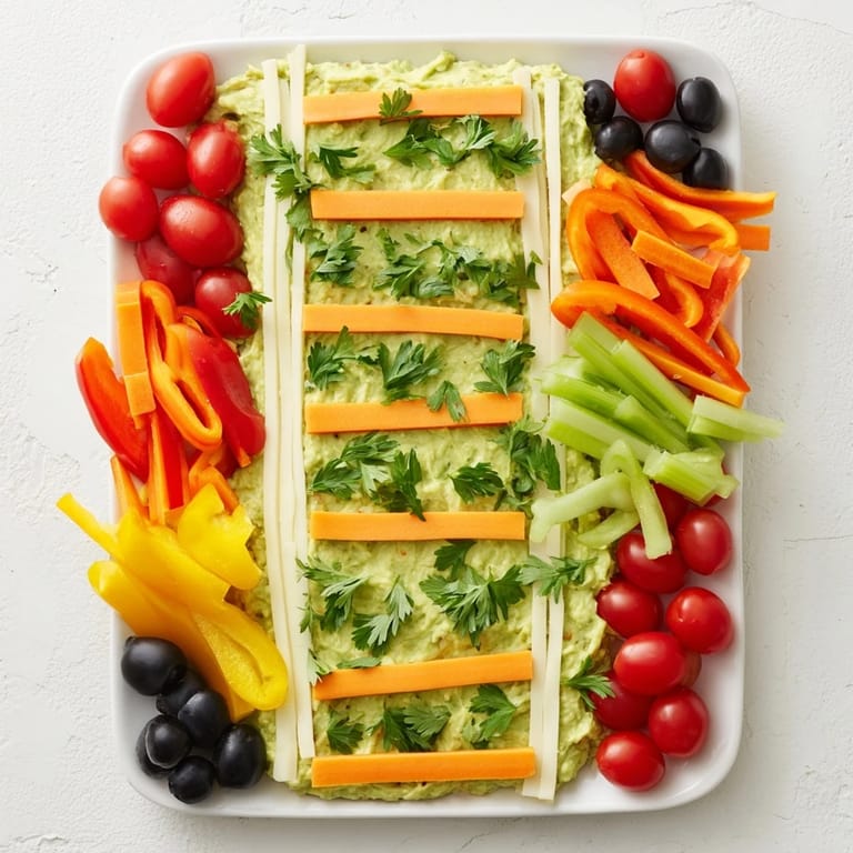 Visually appealing Game Day Football Field Snack Board with rows of snacks arranged like a field.