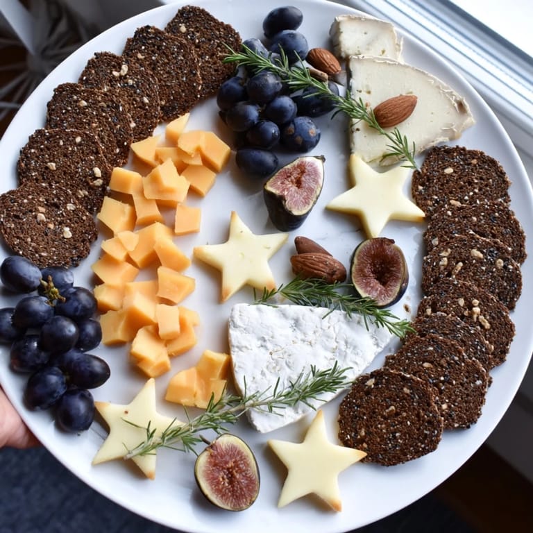 This Crescent Moon & Stars Cheese Board features various cheeses, creating a party-ready, visually stunning appetizer for entertaining.