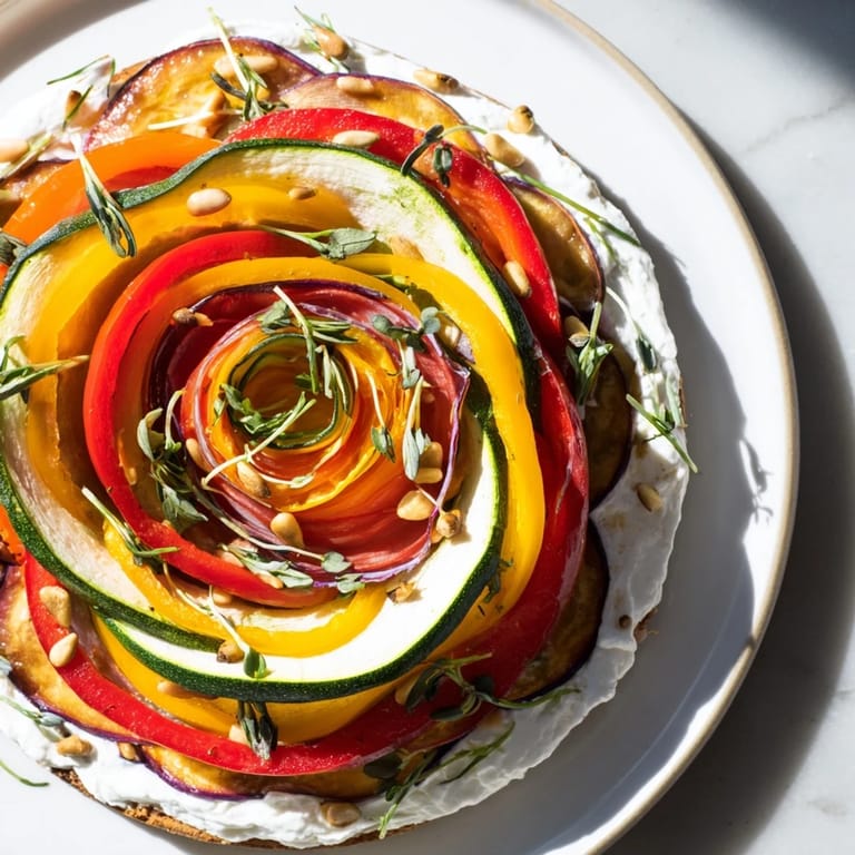 Arranging the roasted vegetables into an artistic spiral creates this gorgeous Snail Shell Spiral dish, a perfect appetizer.