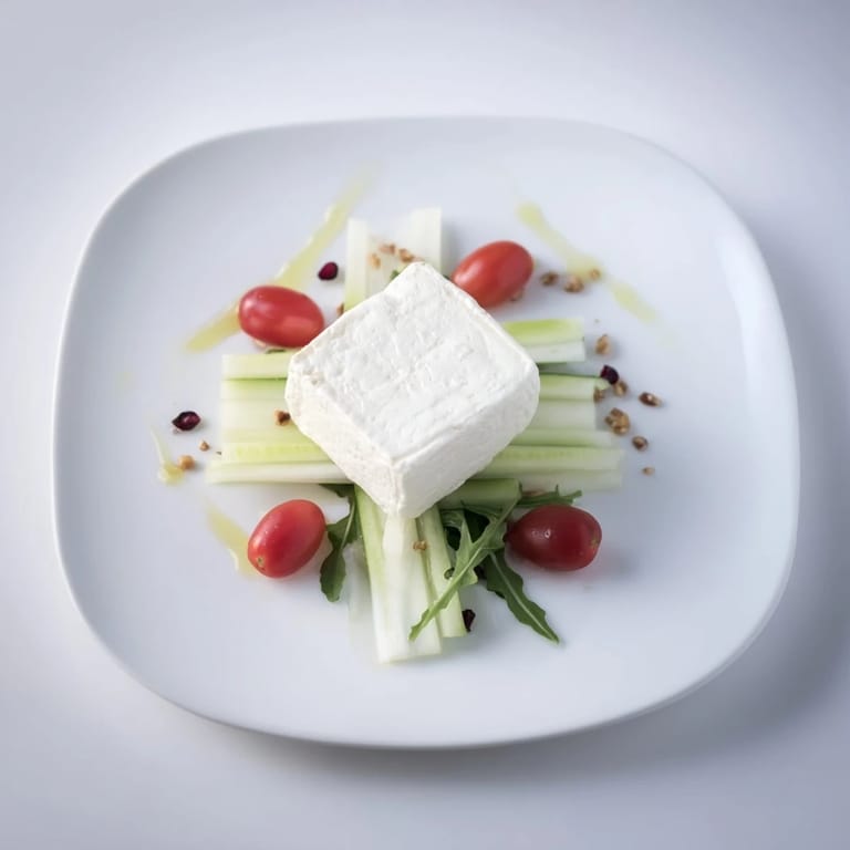 Fresh arugula and colorful vegetables arranged toward the Zenith Point, ready to pair with cheese.