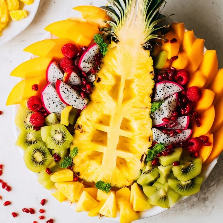 Close-up view of the delicious Tropical Pineapple Paradise, a colorful platter ideal for a summer gathering.