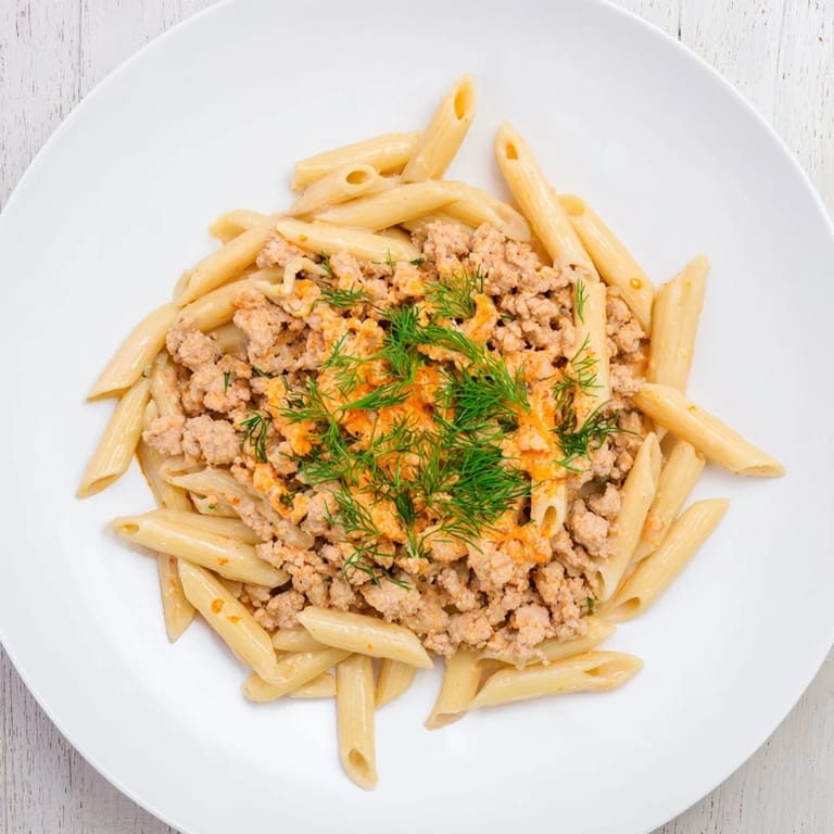 A close-up of the delicious Turkish Pasta with Ground Turkey showing the creamy yogurt and spiced meat.