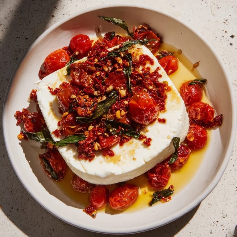 Golden baked feta 2.0 with sweet honey and chili, served over perfectly cooked pasta, ready to eat.