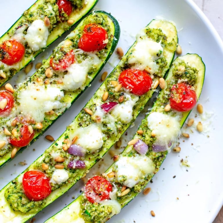 A close-up view of golden-brown cheesy pesto zucchini boats, presenting a comforting and satisfying Mediterranean dinner.