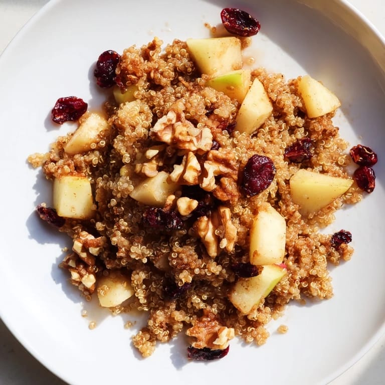 Warm, creamy Apple Cinnamon Quinoa Bowl, topped with walnuts and raisins; a wholesome, comforting meal.
