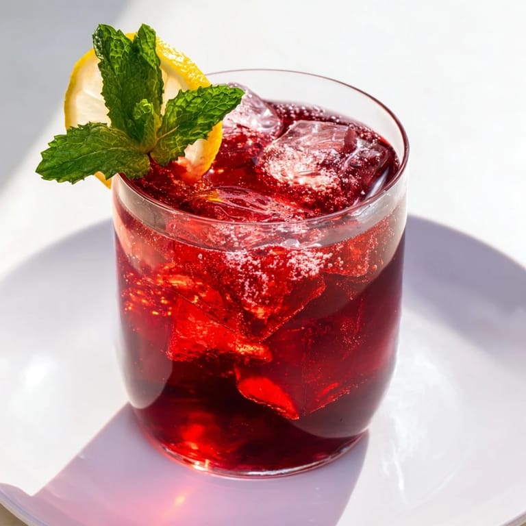 Vibrant red Sleepy Girl Cherry Mocktail, a refreshing blend perfect for a relaxing evening ritual before bed.