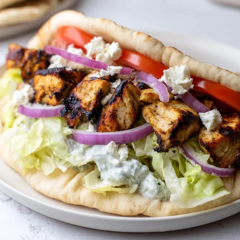 A close-up of delicious Greek Chicken Souvlaki Wraps, featuring vibrant vegetables and creamy sauce inside.