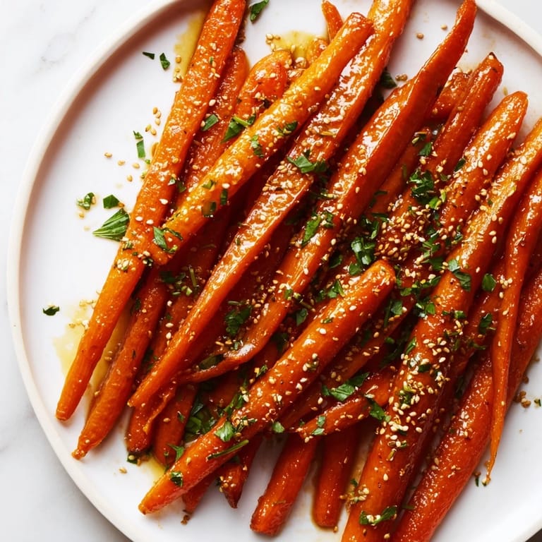 A close-up of delicious maple mustard roasted carrots, perfect as a flavorful side dish.
