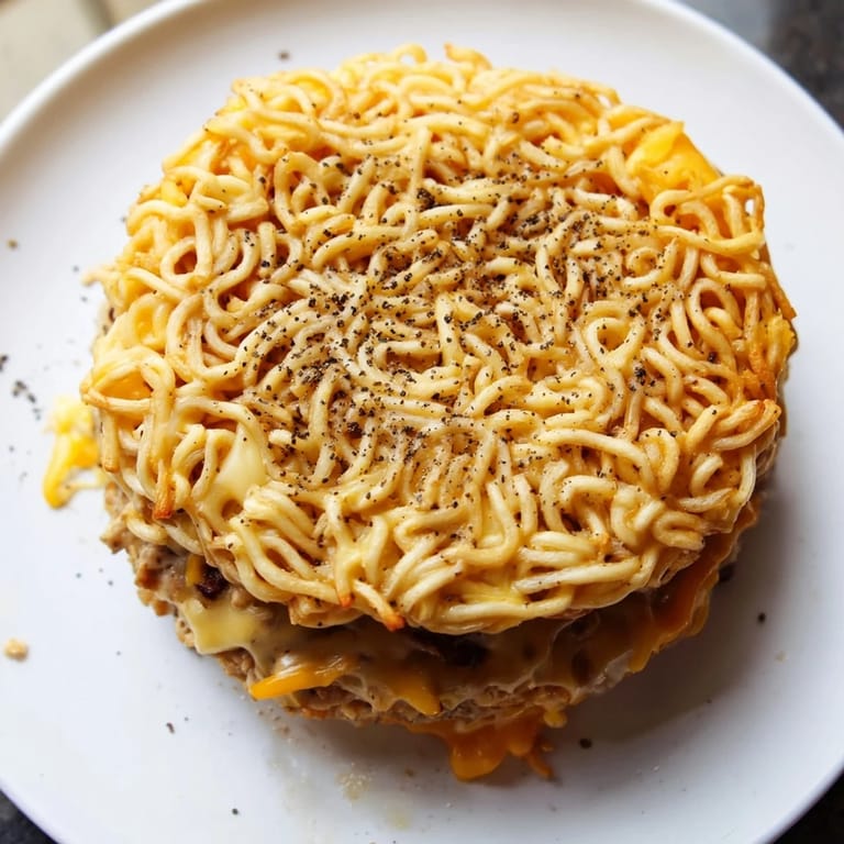 Gooey, cheesy perfection: A close-up view of a perfectly cooked ramen grilled cheese sandwich.