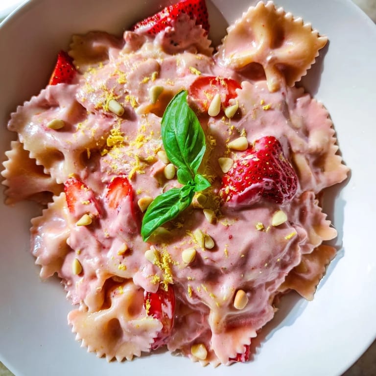 Freshly made Strawberry Sour Cream Pasta, garnished with basil and pine nuts, a refreshing meal.