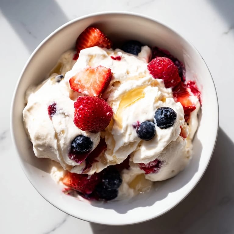 Vibrant pink cottage cheese ice cream, blended with frozen berries, ready to enjoy anytime.