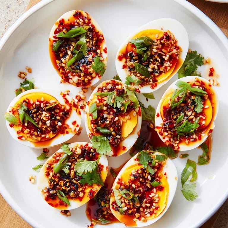 Spicy Chili Oil Eggs ready to eat, with green onion and sesame seeds offering delightful texture.