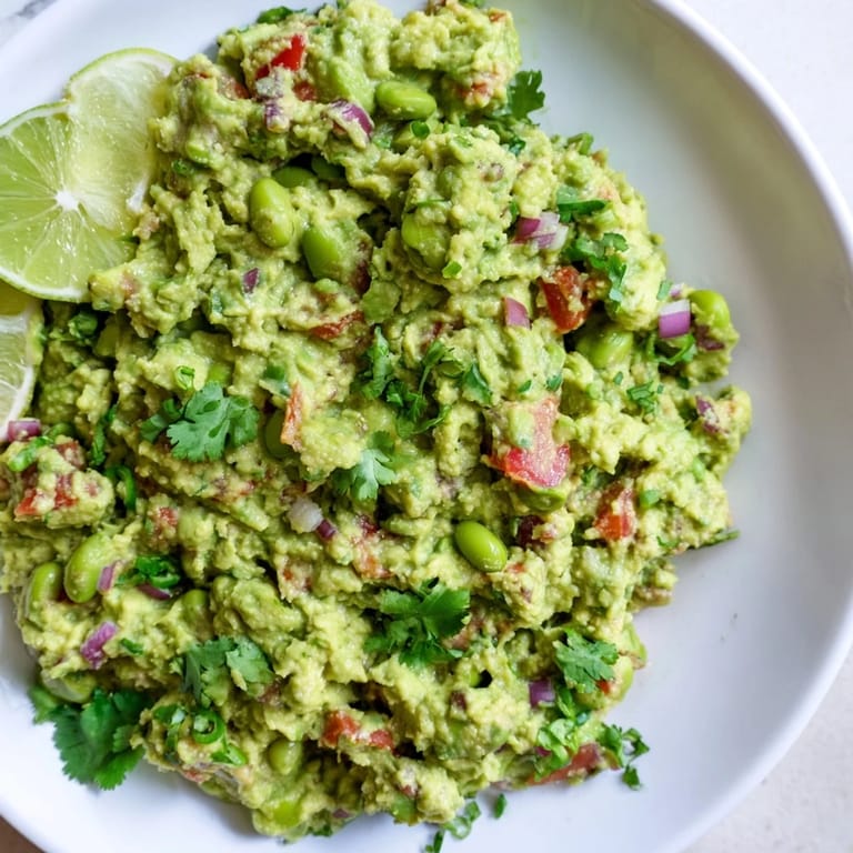 Freshly made Edamame Guacamole, with chunks of red onion and tomato, ready to be scooped up.