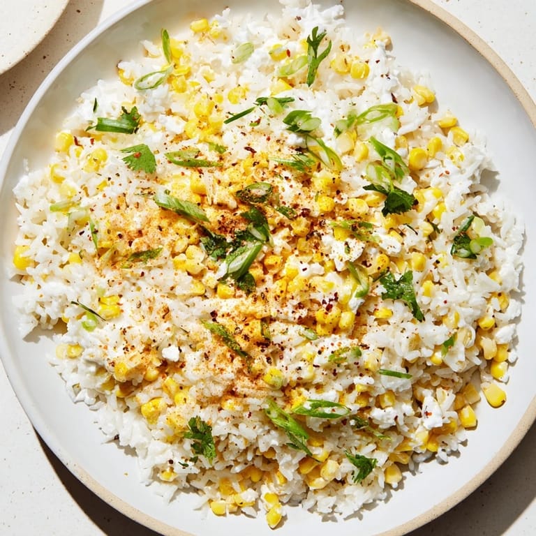 A vibrant bowl of Mexican Street Corn Rice with charred corn and zesty lime, a colorful side.