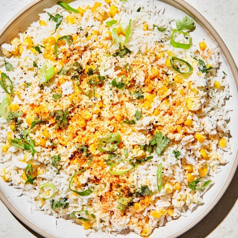 Close-up of creamy Mexican Street Corn Rice, perfect for scooping onto tacos or as a side dish.