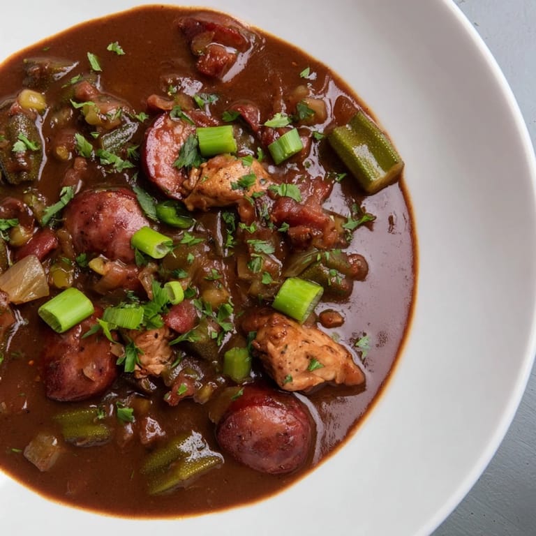 Hearty and flavorful Gumbo Okra Soup, served with fresh herbs over white rice.