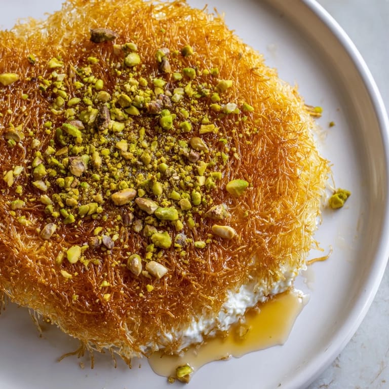 Warm, cheesy Lebanese Knafeh pictured, with crispy shredded phyllo, perfect for dessert lovers.