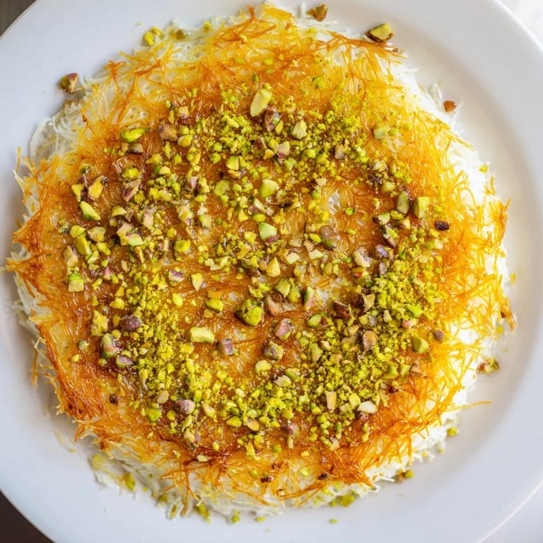 Close-up of a delightful Lebanese Knafeh; the cheese filling inside looks unbelievably stringy.