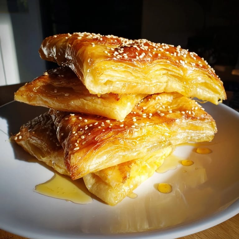 A close-up of a stack of richly browned Moroccan Msemen, ready to be enjoyed with warm honey.
