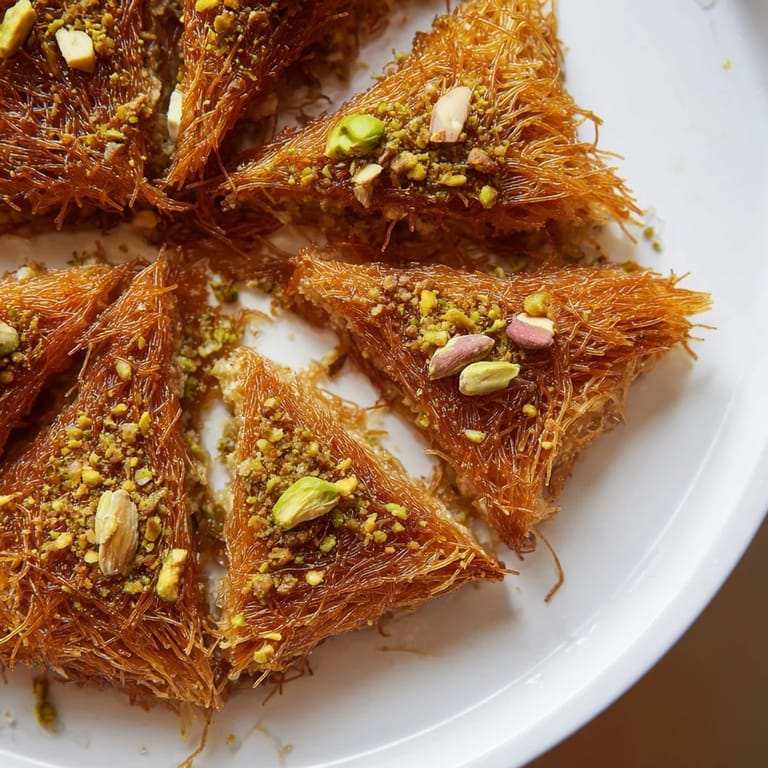 A close-up view of a freshly baked Egyptian konafa, showing layers of golden kataifi pastry.
