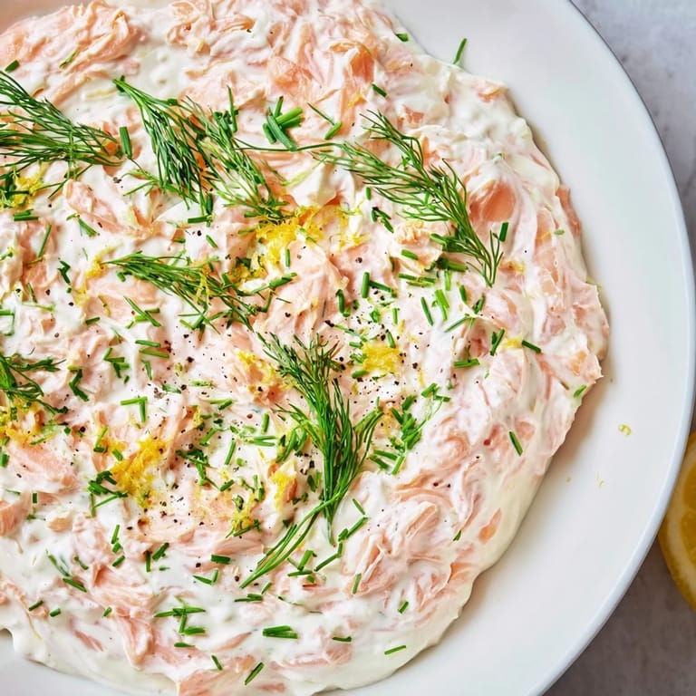 Freshly made smoked salmon dip, ready to be scooped up with crackers or toasted baguette slices.