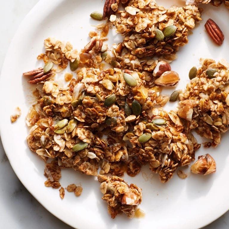 Close-up of golden, baked homemade granola clusters, showing oats, nuts, and a sweet honey glaze.