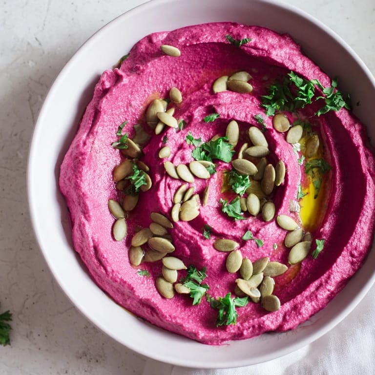 A close-up view of Beet Hummus, a naturally vegan dip with roasted beets and garnished with seeds and olive oil.