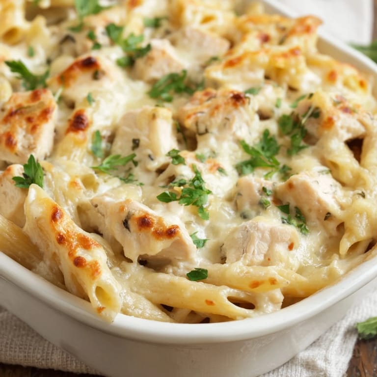 A close-up of a serving of Chicken Alfredo Casserole on a white plate, showcasing the gooey cheese and rich Alfredo sauce.