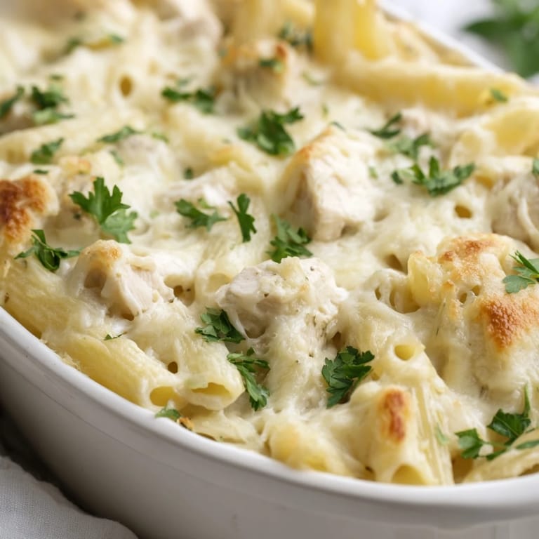 Family-style baking dish of Chicken Alfredo Casserole garnished with fresh parsley, ready to be scooped onto dinner plates.