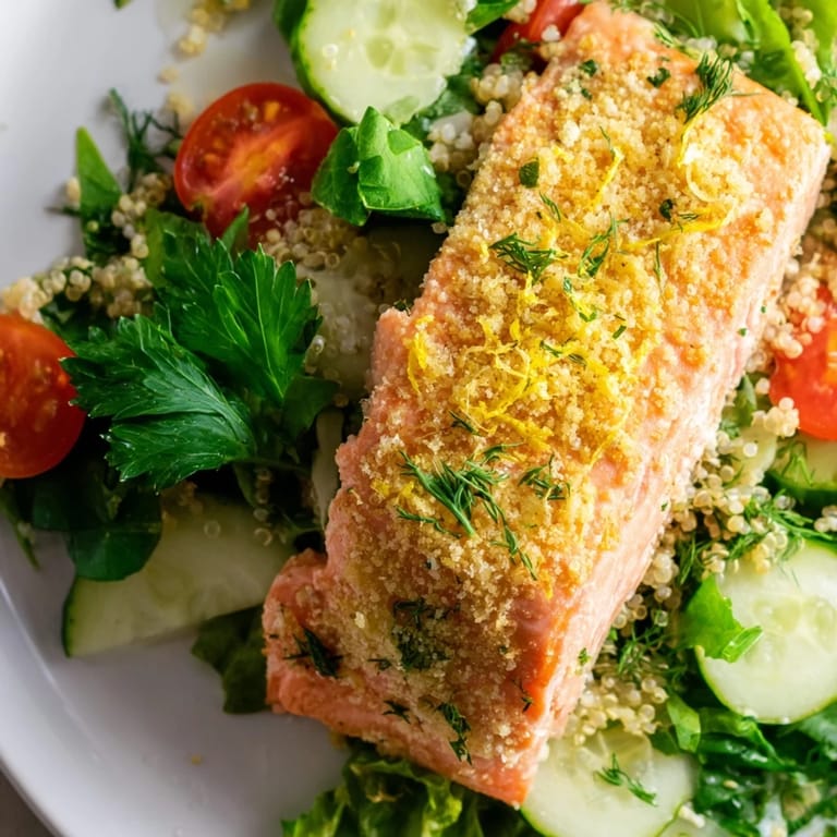 Warm salmon fillet over mixed greens, cucumber, and herbs in Lemon Herb Salmon Salad.
