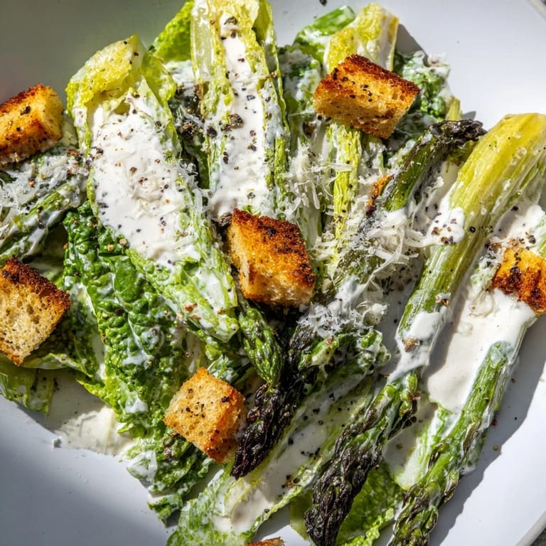 Close-up of Roasted Asparagus Caesar Salad showing charred tender spears and golden homemade croutons on greens.