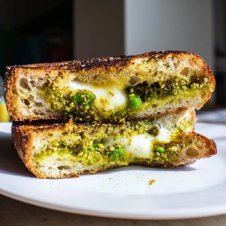 Spring Pea Pesto Grilled Cheese sandwich resting beside fresh basil and lemon, highlighting the bright, herbaceous flavors of the filling.