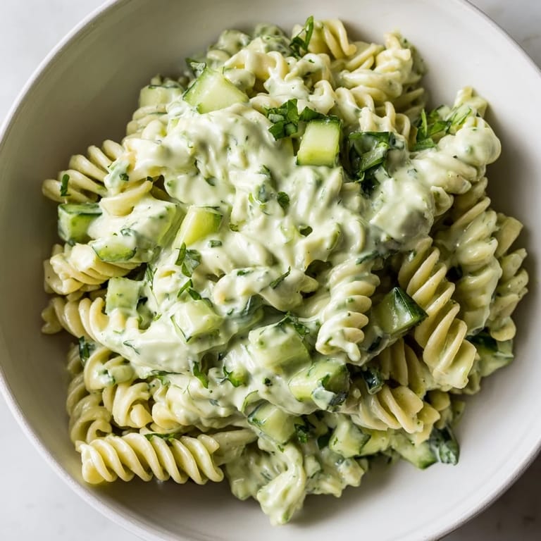 Green Goddess Pasta Salad served in a white bowl, garnished with parsley and chives, ready for a summer potluck or picnic.