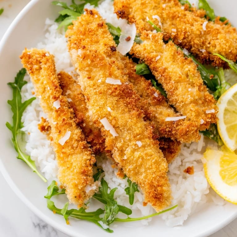 Serving suggestion for Crispy Parmesan Chicken Cutlet Bowl: warm rice base topped with sliced cutlets and greens.
