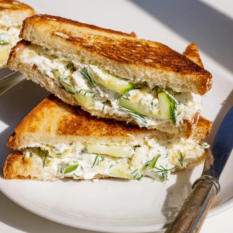 Two warm sandwiches on a plate, ready to serve with crisp bread and a fresh, tangy feta filling.