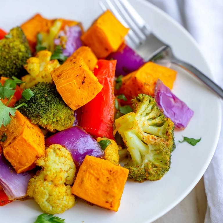 Plated Anti-Inflammatory Turmeric Roasted Vegetables served over fluffy quinoa, garnished with fresh cilantro and a bright squeeze of lemon for a nourishing side dish.