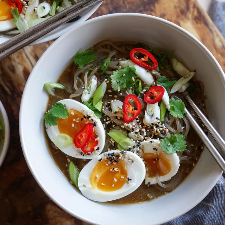 Close-up view of Shirataki Noodles With Broth, showing the glistening noodles tangled in rich bone broth with green onions and toasted sesame seeds.