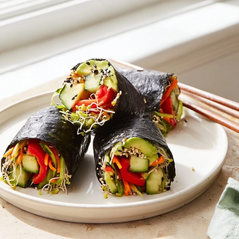 Homemade Nori Rolls with Vegetables served with pickled ginger and wasabi, perfect for a healthy vegan snack or light Japanese-inspired meal.