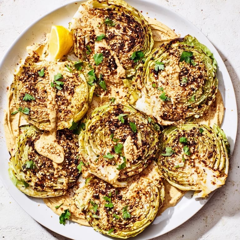 Caramelized cabbage steaks served warm with a velvety tahini sauce and fresh herbs.