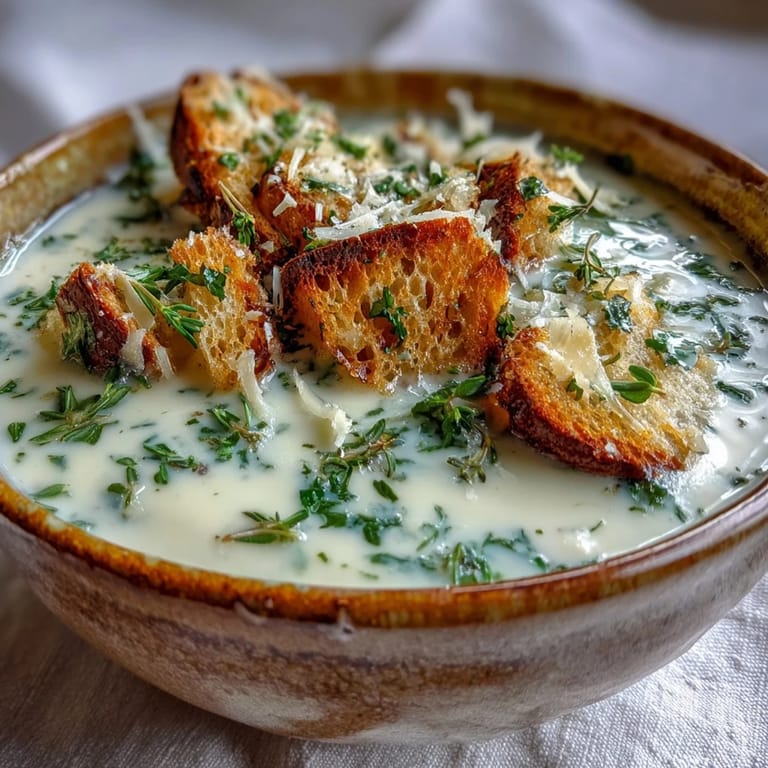 Savory Garlic and Herb Soup, perfect with croutons for a comforting meal.