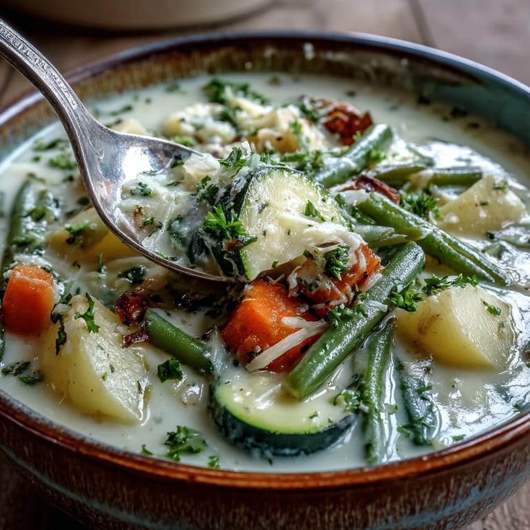Comforting Parmesan Veggie Soup, topped with fresh parsley and grated Parmesan cheese.