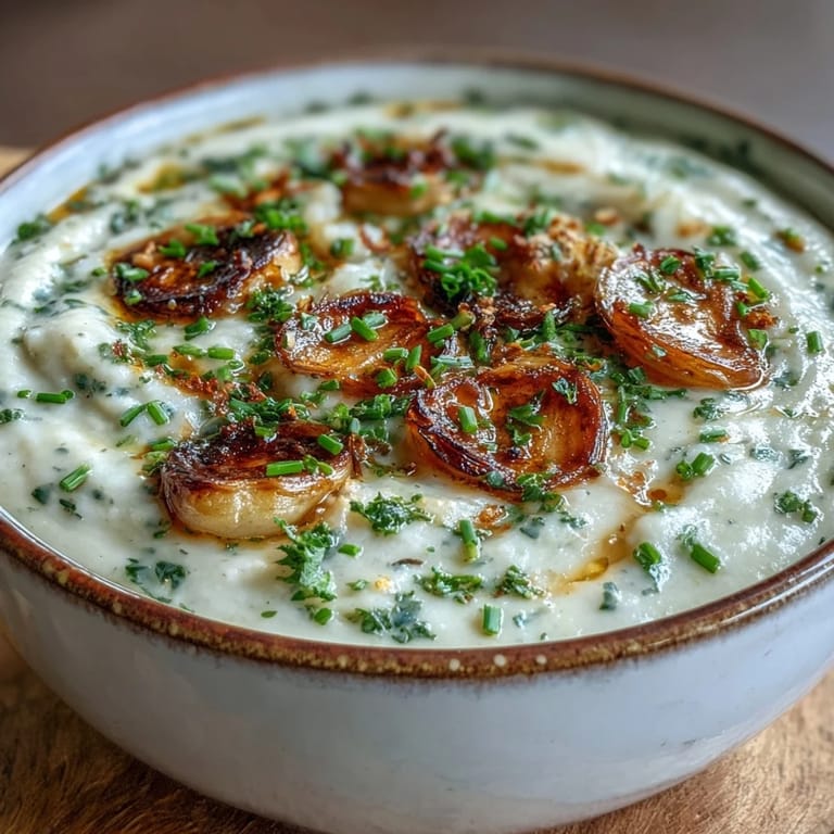 Deliciously creamy roasted garlic and herb soup, perfect with crusty bread.