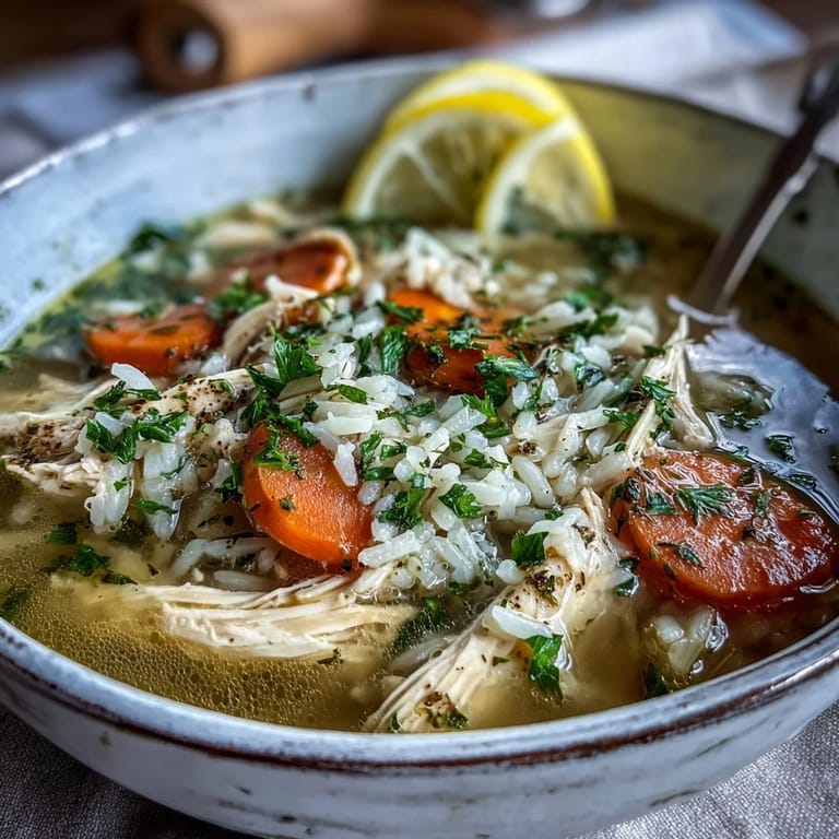 Steaming bowl of Cozy Winter Chicken and Rice Soup, perfect for a chilly evening.