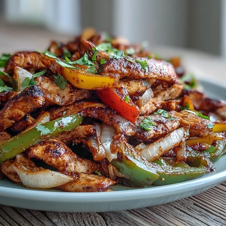 Homemade Easy Chicken Fajitas with vibrant peppers and onions on a rustic plate.