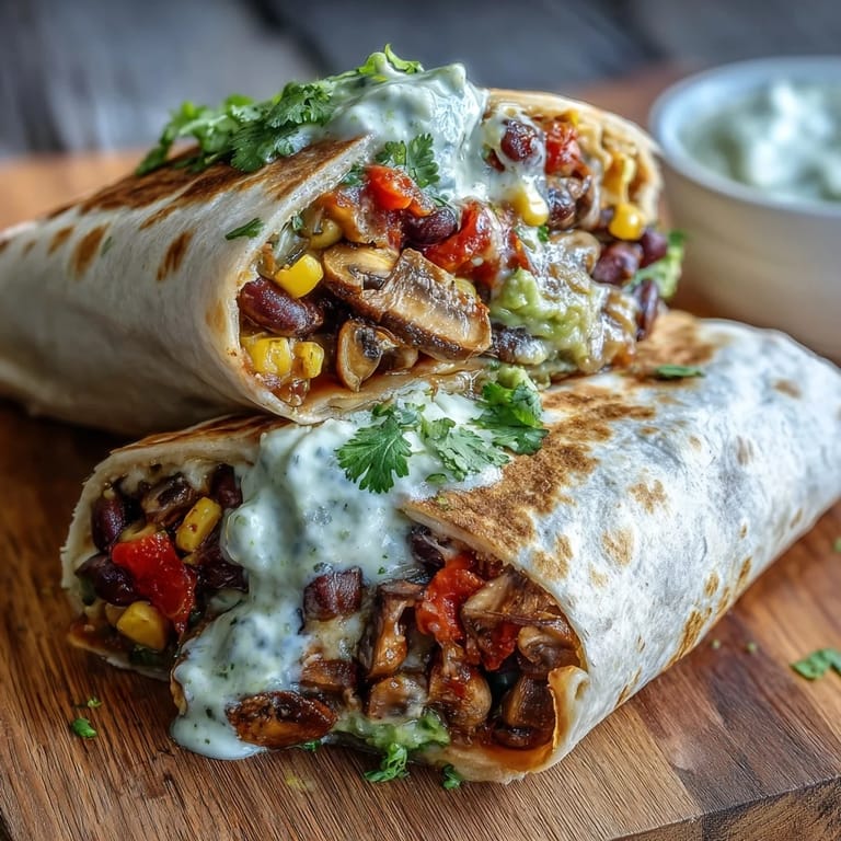 A freshly rolled Veggie Burrito filled with corn, peppers, and cilantro, ready to enjoy. 