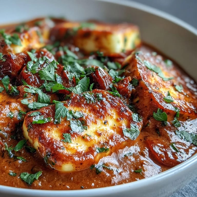A pan of golden halloumi simmering in silky tomato and coconut sauce, ready to serve.