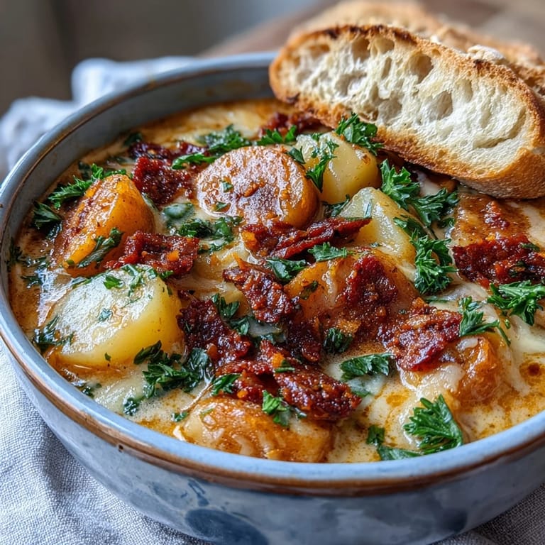 Close-up of Potato, Leek and Chorizo Soup with creamy broth, tender potatoes, and smoky chorizo pieces.